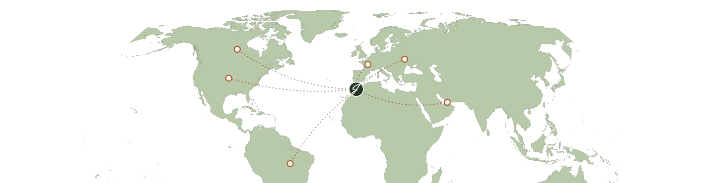 Map showing export routes from Morocco to the United States, Canada, Brazil, Europe, Eastern Europe and Dubai